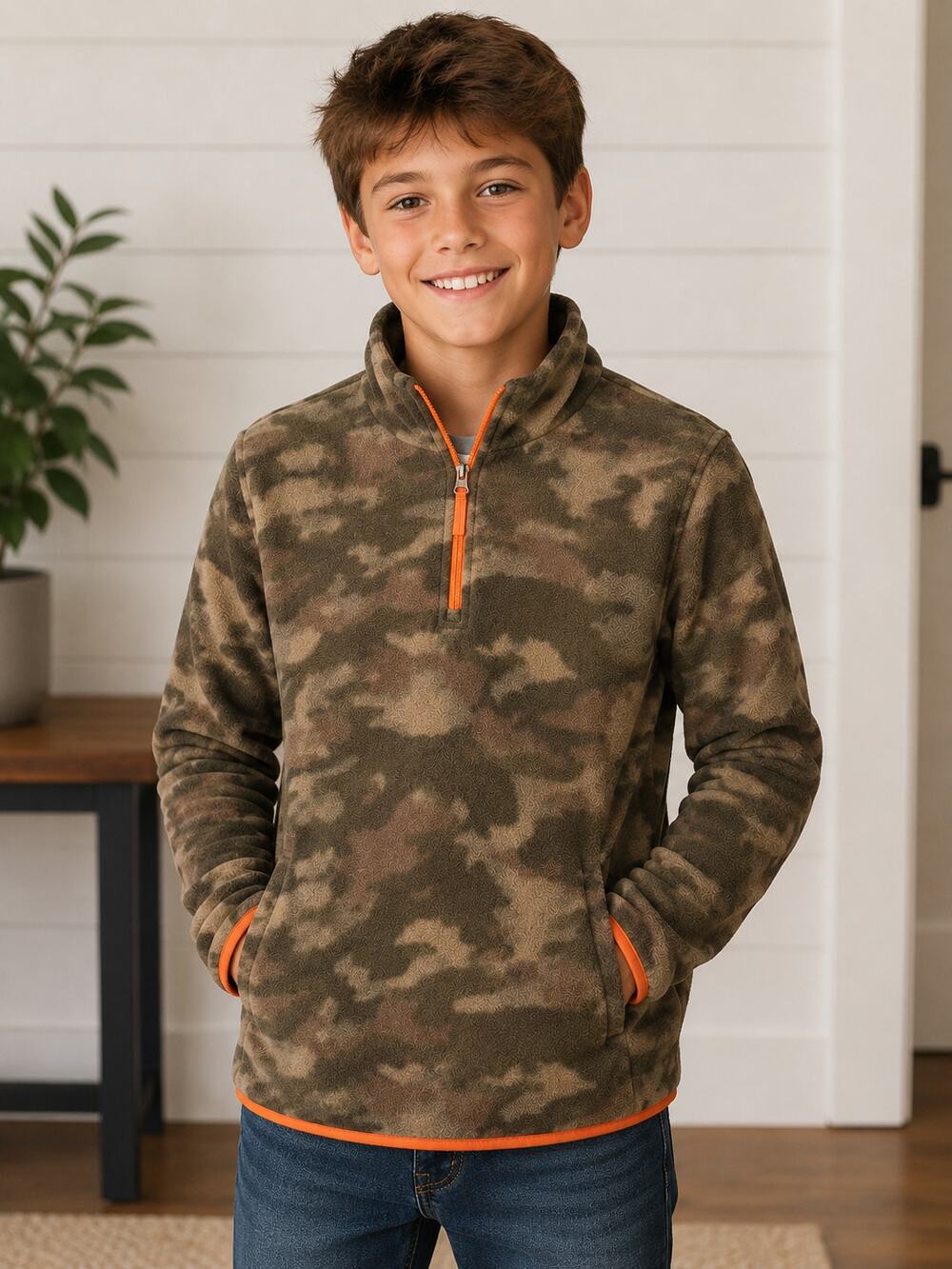 Amazon Essentials Boys Camo Quarter Zip Fleece Pullover Size Large